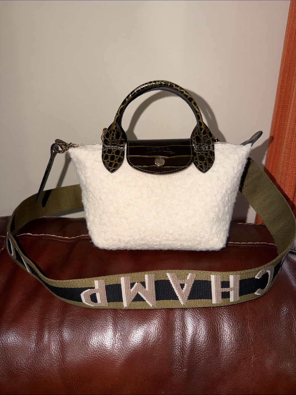 ‼️Longchamp Mini Le Pliage Poudreuse Shearling Tote Crossbody Bag